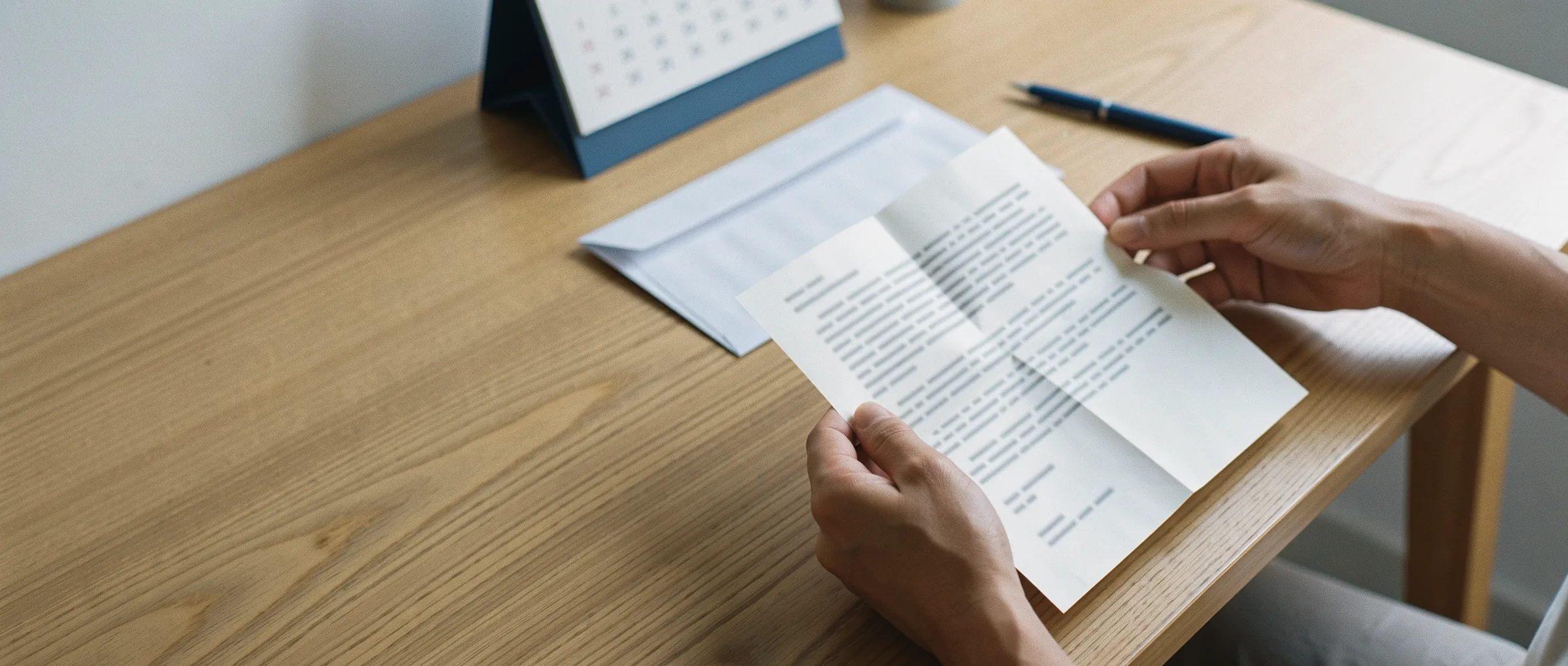 Manos sosteniendo una carta oficial abierta sobre un escritorio, junto a un calendario